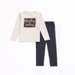 Σετ μπλουζοφόρεμα-κολάν για κορίτσι σε χρώμα εκρού μελανζέ-ανθρακί funky 224-521124-2