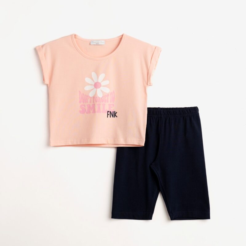Σετ μπλούζα-ποδηλατικό κολάν για κορίτσι σε χρώμα ροζ σομόν-μπλε FUNKY 124-527102-2