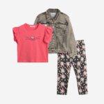 Σετ 3τμχ τζιν μπουφάν -μπλούζα κ/μ-κολάν για κορίτσι μαύρο-ροζ-ανθρακί Funky 124-795100-1