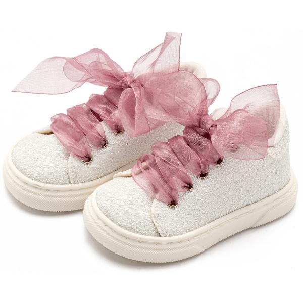 Βαπτιστικά Υφασμάτινα Sneakers BABYWALKER Λευκό-Ροζ Αντικέ EXC5871