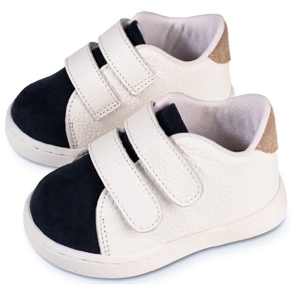 PRI2113 WHITE BLUE BEIGE BABYWALKER Παπούτσια Βαπτιστικά Δερμάτινα Sneakers BABYWALKER Λευκό-Μπλε-Μπεζ PRI2113