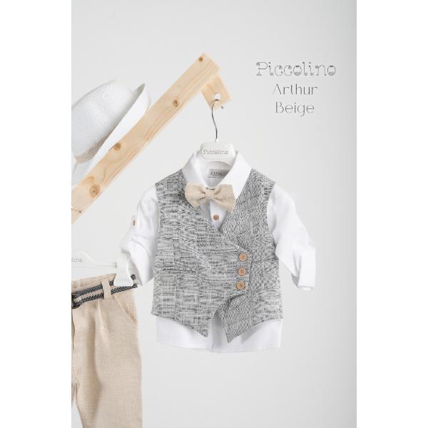 BFA24S11-ARTHUR-BEIGE-PICCOLINO-2025-B Piccolino βαπτιστικό κοστούμι με γιλέκο για αγόρι BFA24S11.BEIGE Arthur Beige