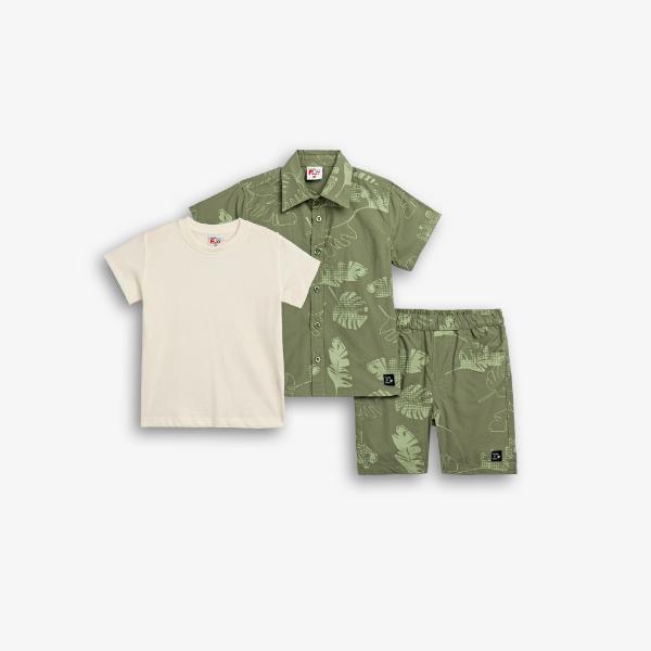 Παιδικό σετ 3τμχ πουκάμισο-μπλούζα-βερμούδα αγόρι χακί-εκρού FUNKY 126-395110-2