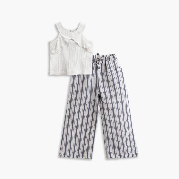 Παιδικό καλοκαιρινό σετ παντελόνα κορίτσι εκρού-μπλε ριγέ FUNKY 126-723110-1