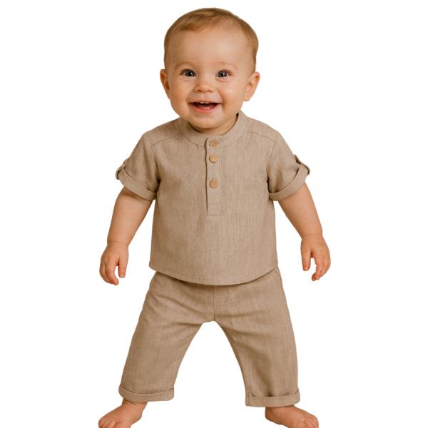 Βρεφικό σετ λινό μπλούζα-παντελόνι αγόρι μπεζ Mamma Natura 6893
