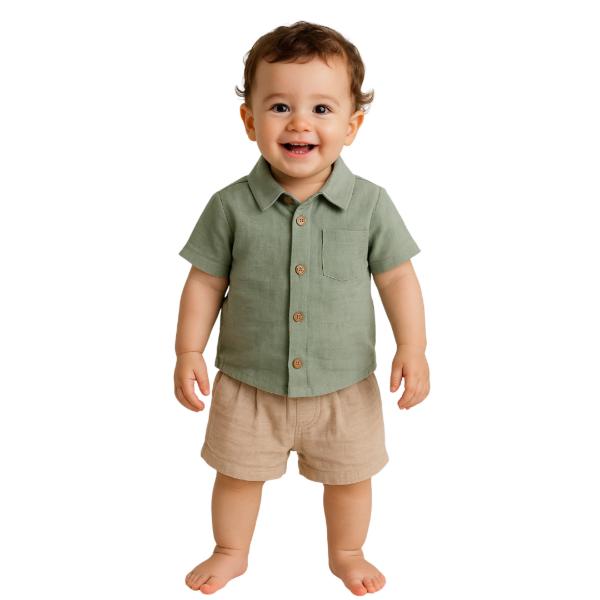 Βρεφικό σετ καλοκαιρινό υφασμάτινο πουκάμισο αγόρι φιστικί-μπεζ Mamma Natura 6899