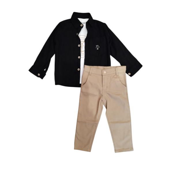 Παιδικό σετ 3τμχ μπλούζα-παντελόνι-πουκάμισο αγόρι εκρού-μαύρο-μπεζ M6102